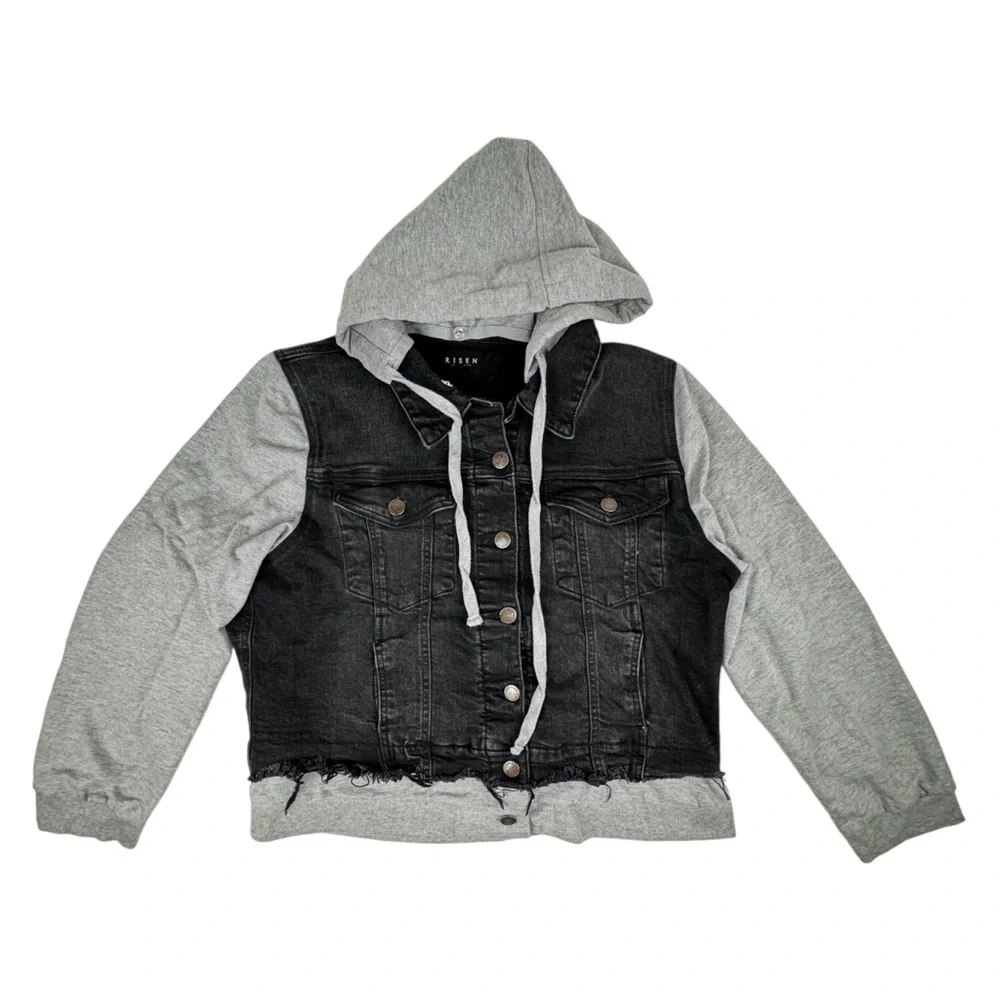 Risen Layered Denim Jacket Removable Hood Womens 2XL Black Distressed Gray Terry